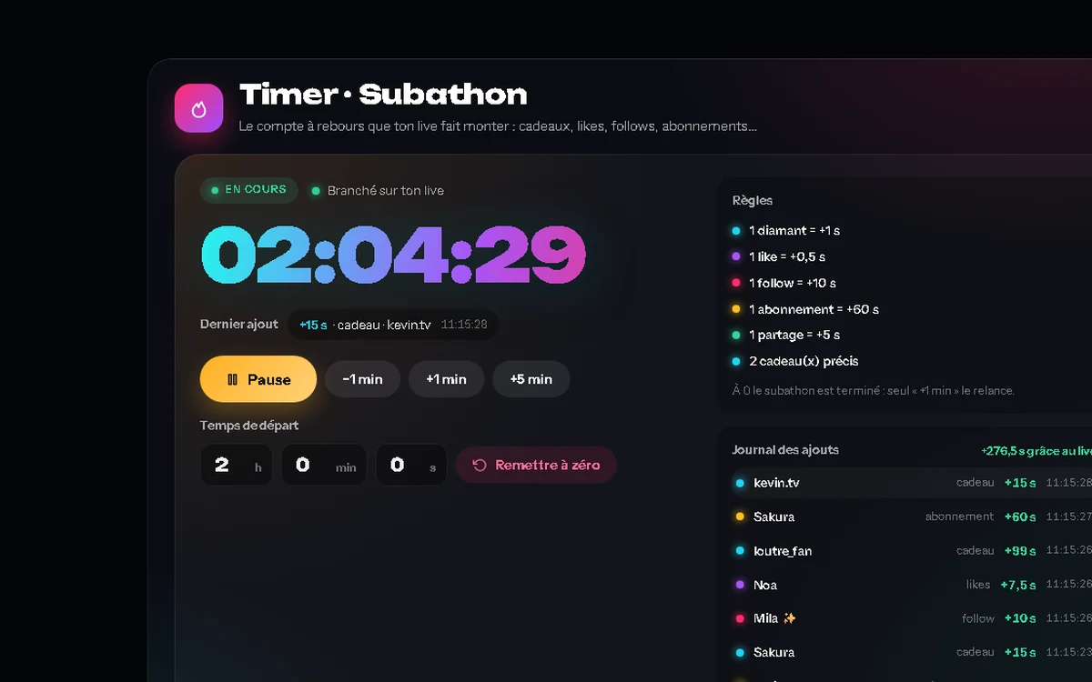 Timer subathon — anteprima reale in TikLive
